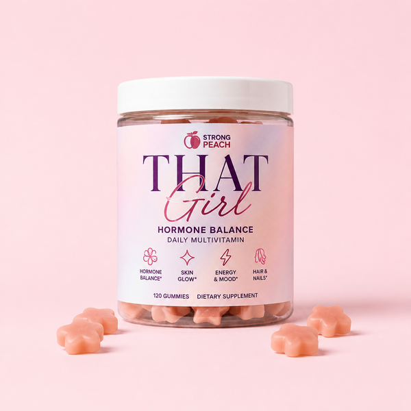 That Girl daily gummies jar on blush pink background
