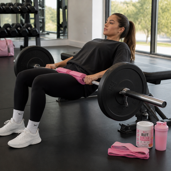 Woman doing barbell hip thrusts next to Butt Builder