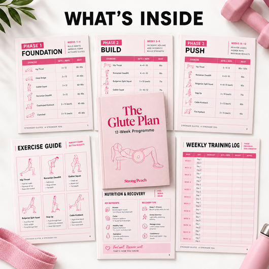 What's inside The Glute Plan: three phases, exercise guide, nutrition and weekly log